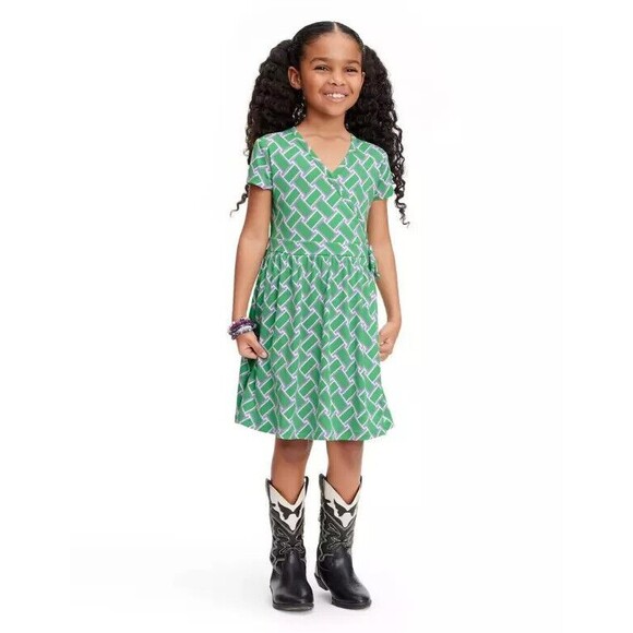 DVF Target girls Short Sleeve Vintage Weave Green Faux Wrap Dress NWT - Picture 1 of 8